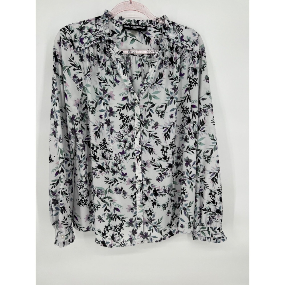Karl Lagerfeld Womens‎ Sz Large White Floral Blouse 3/4 Sleeve Shirt Top Ruffle